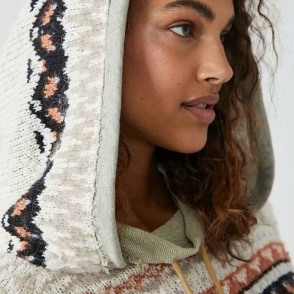 Free People Hoodie Inverness Pullover Sweater Cropped Long Sleeve Oatmeal - Picture 3 of 12